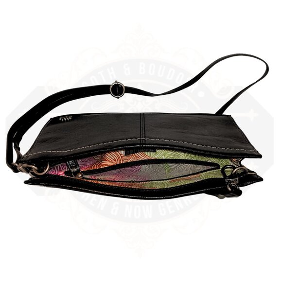 the Sak Iris black leather crossbody clutch purse multi-color inter. fabric. - Picture 2 of 15
